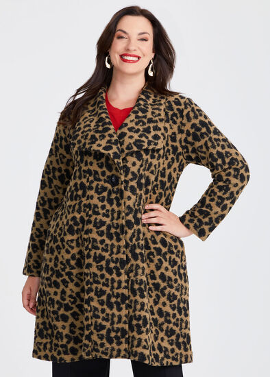 Plus Size Leopard Boiled Wool Blend Coat
