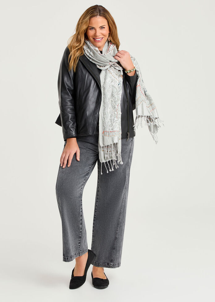Grey Embroidered Jacquard Scarf, , hi-res