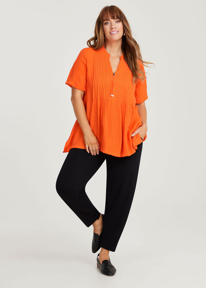 Zoe Zip Neck Pintuck Crinkle Top, , hi-res