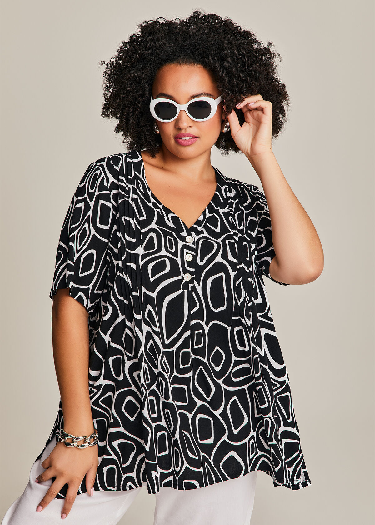 Shop Plus Size Pebble Tuck Natural Top in Black Taking Shape AU