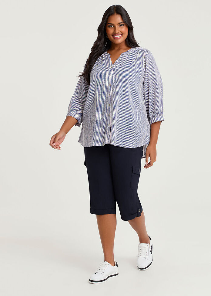 Cotton Stripe Button Top, , hi-res