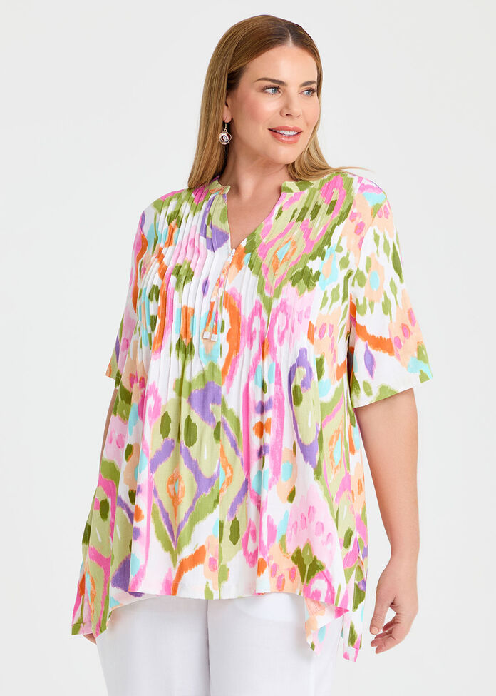 Zoe Zip Neck Ikat Natural Top, , hi-res