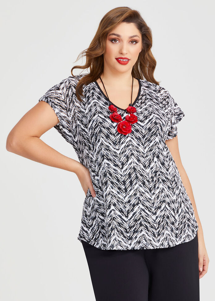 Chevron Lace Top, BLACK/WHITE, hi-res