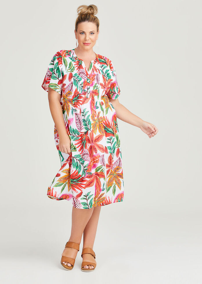 Cotton Pintuck Tropical Dress, , hi-res