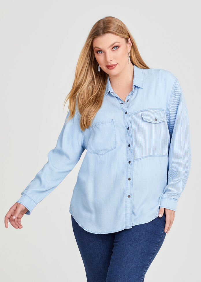 Shop Plus Size Natural Chambray Spliced Shirt in Blue | Taking Shape AU