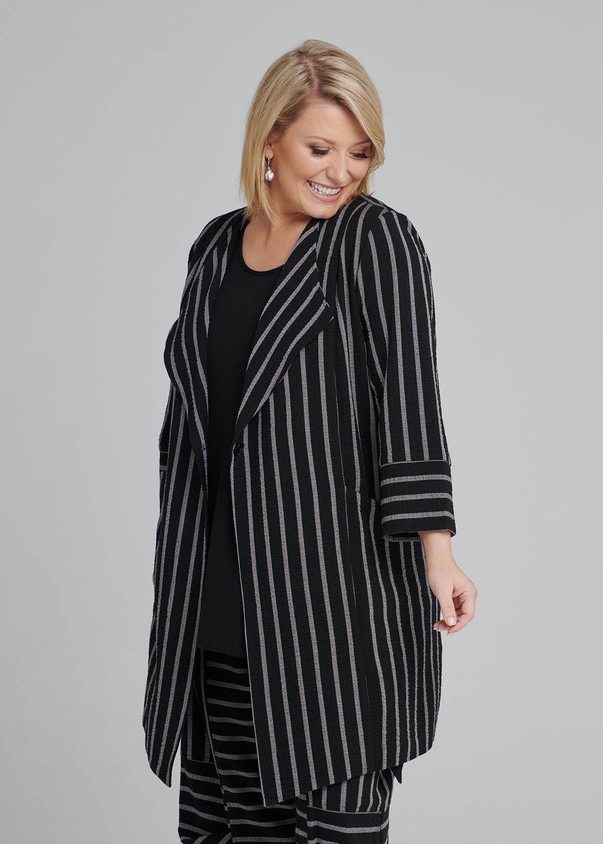 Black and white striped jacket plus size discount