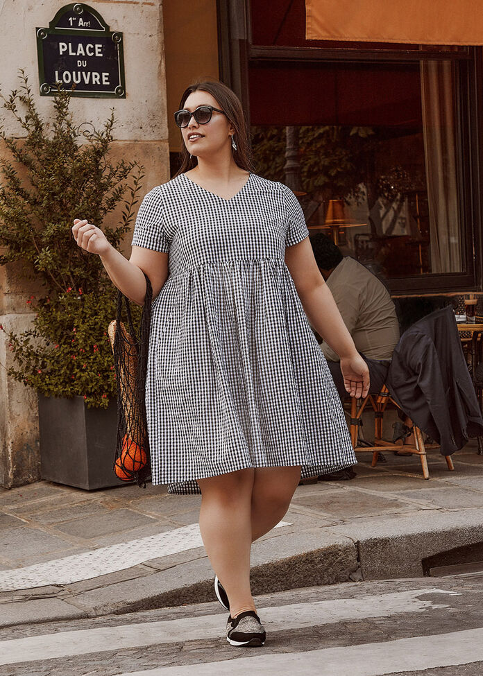 Cotton Gingham V-neck Dress, , hi-res