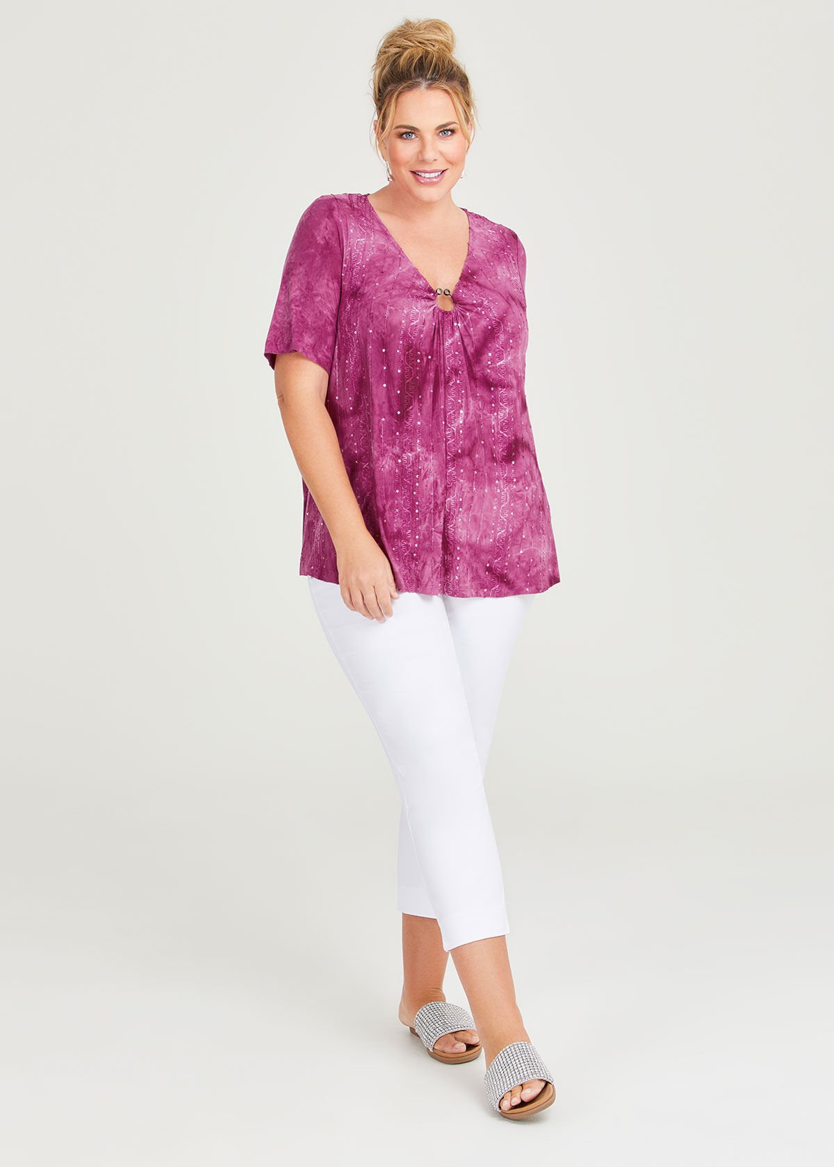Shop Plus Size Sequin Tie Dye Peplum Top in Green Taking Shape UK