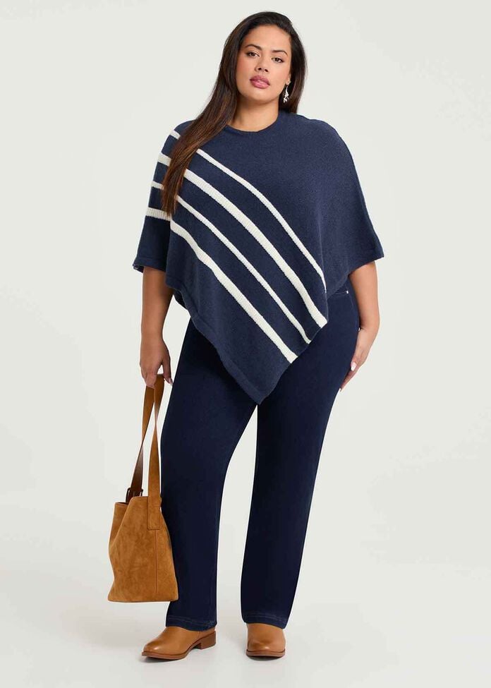 Casual Navy Striped Poncho, , hi-res