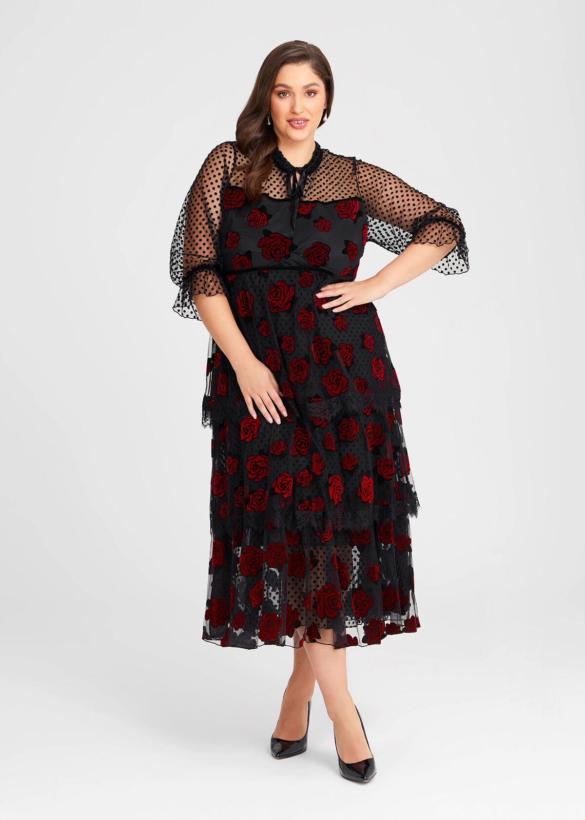 Plus size black dress with red roses cheap