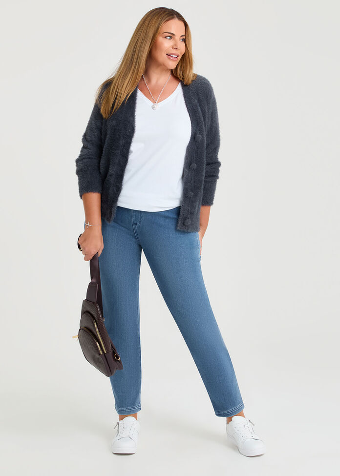 Fluffy Knit Short Cardigan, STORM GREY, hi-res
