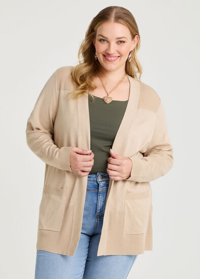 Plus Size Natural Rib Detail Long Cardigan