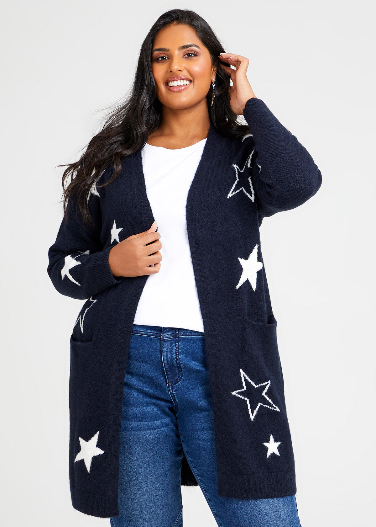 Shop Plus Size Stars Knit Cardigan in Navy Taking Shape AU