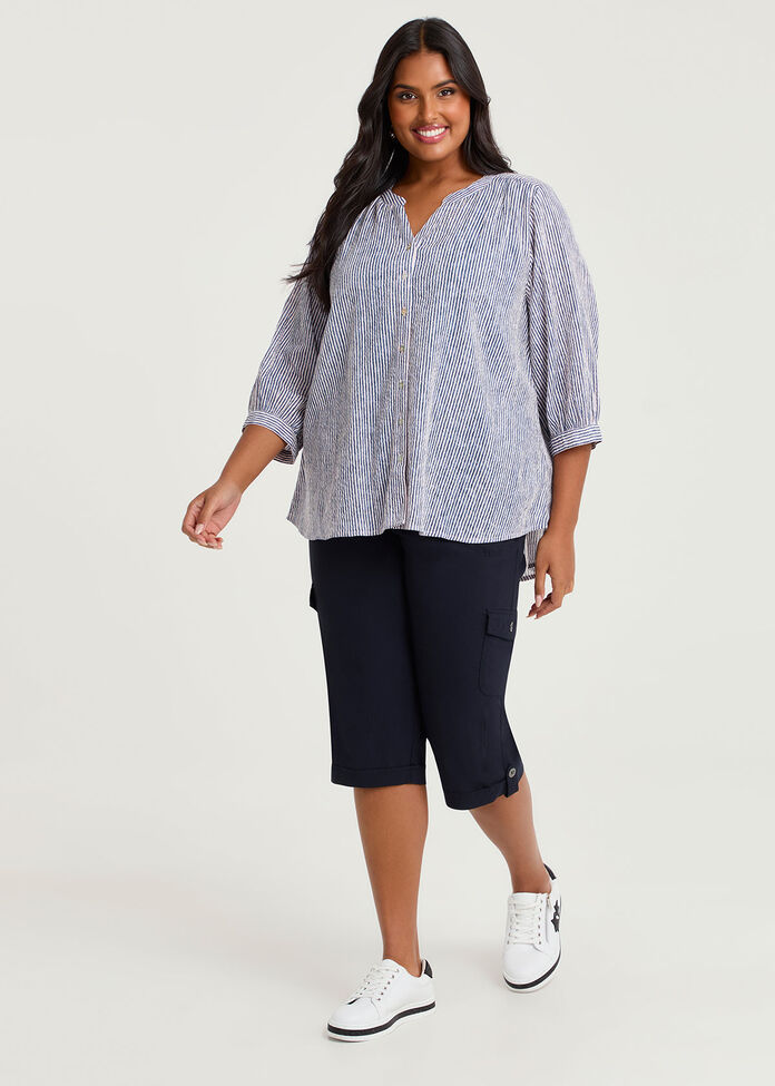 Cotton Stripe Button Top, , hi-res