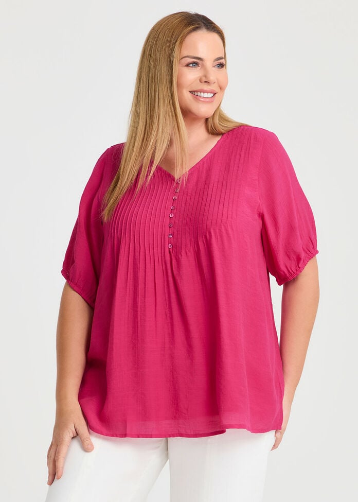 Natural V-neck Pintuck Top, , hi-res
