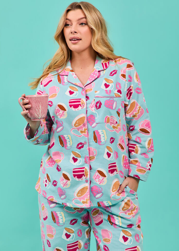 Shop Plus Size Flannelette Coffee Pyjama Shirt, Multi Taking
