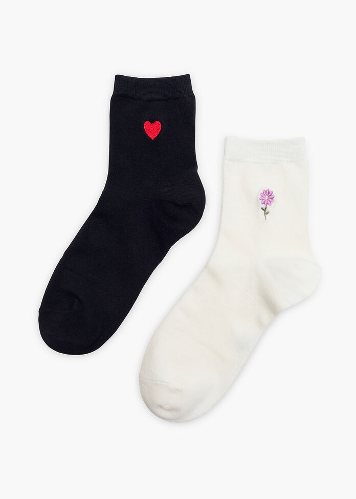 2 Pack Embroidered Cotton Socks, , hi-res