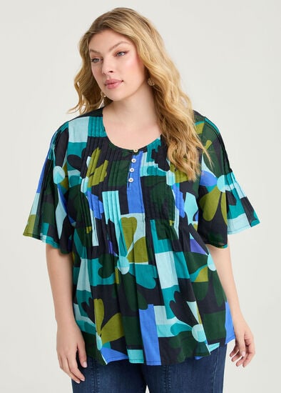 Plus Size Cotton Pintuck Block Floral Top