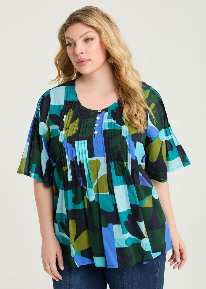 Cotton Pintuck Block Floral Top, , hi-res