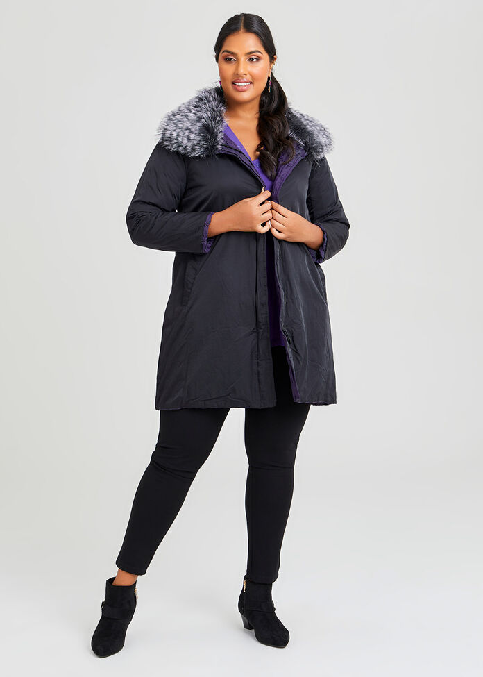 Fur Collar Taffeta Puffy Coat, , hi-res