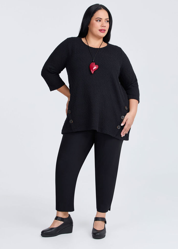 Textured Button Detail Top, BLACK, hi-res