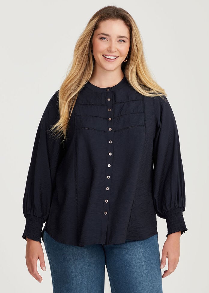 Andrea Shirred Cuff Button Top, , hi-res