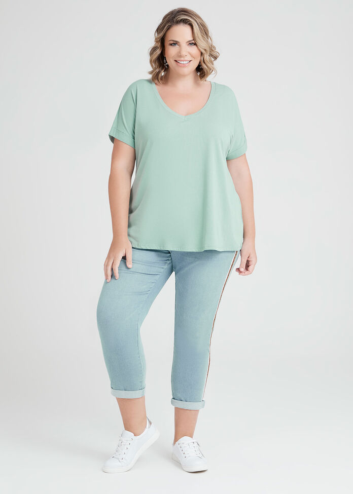 Organic Cuff V-neck Basic Tee, , hi-res