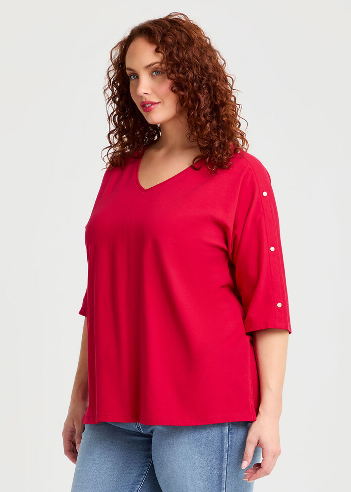 Cotton Button Sleeve T-shirt, , hi-res