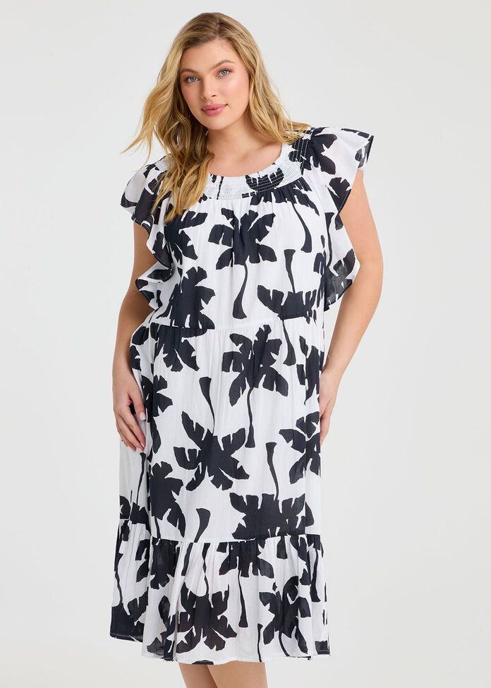 Cotton Palm Print Shirred Dress, , hi-res
