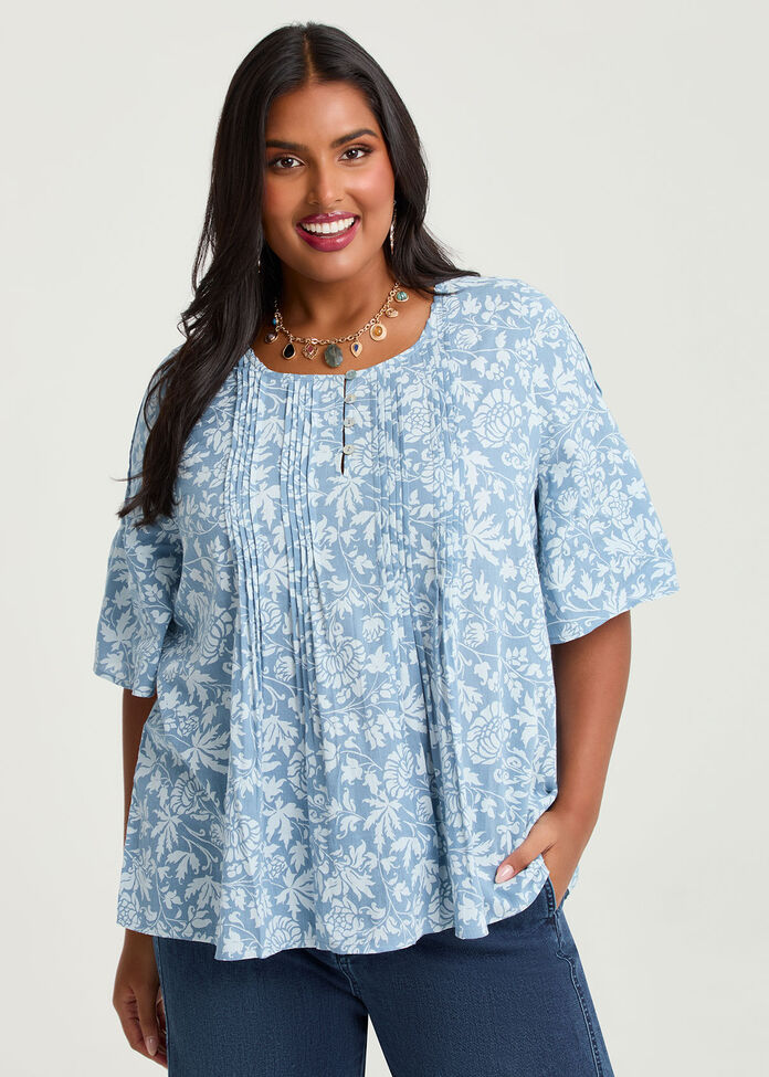 Cotton Motif Pintuck Top, , hi-res