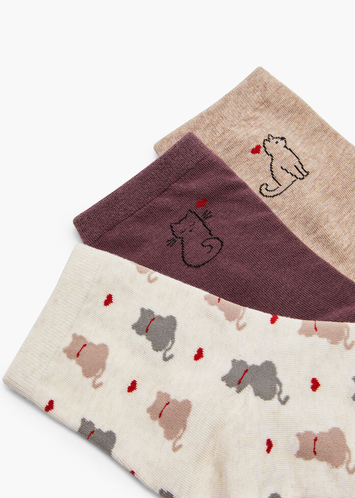 3 Pack Cotton Cat Socks, , hi-res