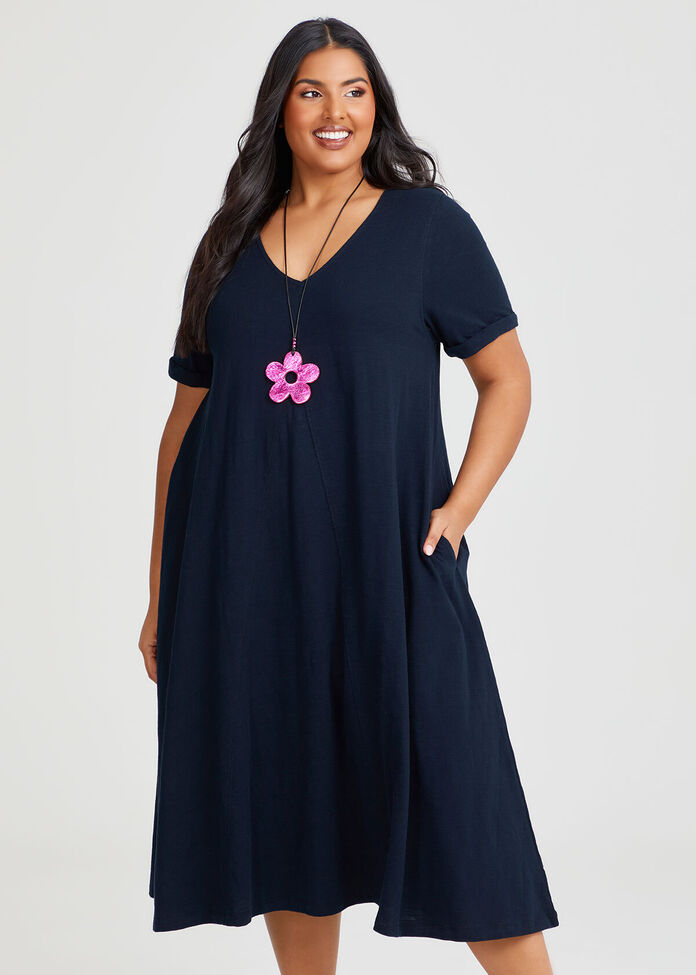 Cotton V-neck Swing Dress, , hi-res