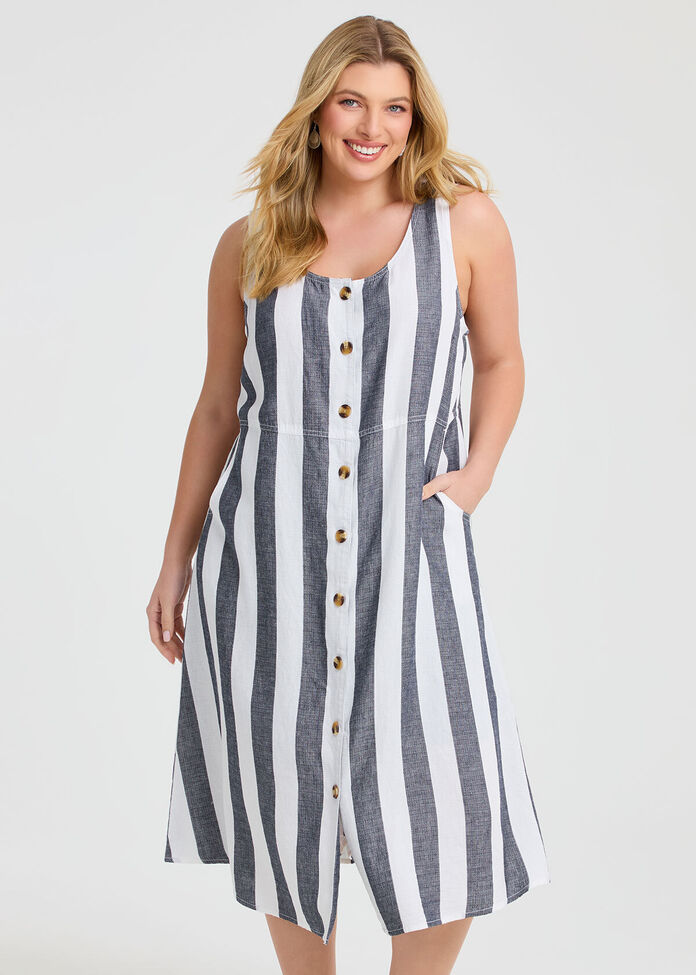 Lyocell Linen Blend Stripe Dress, , hi-res