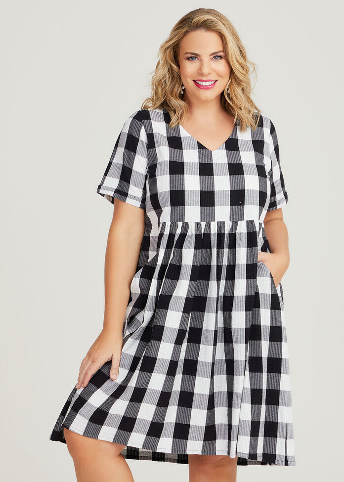 Cotton Check V-neck Dress, , hi-res