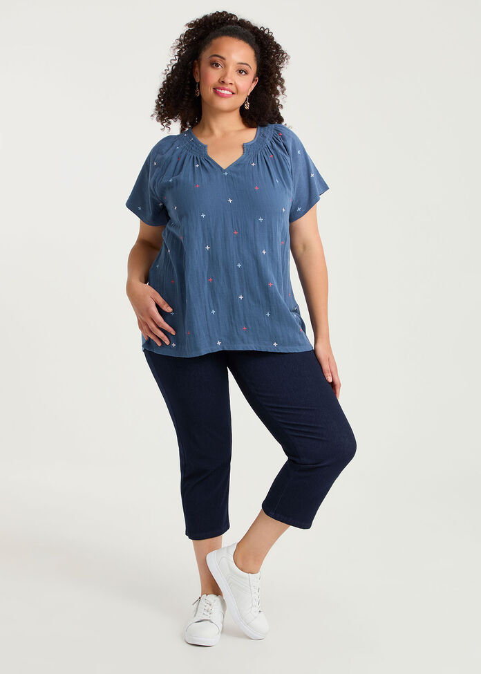 Cotton Embroidery Shirred Neck Top, , hi-res