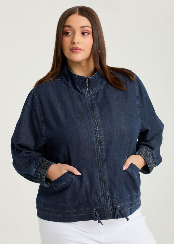 Cotton Lyocell Funnel Neck Jacket, , hi-res