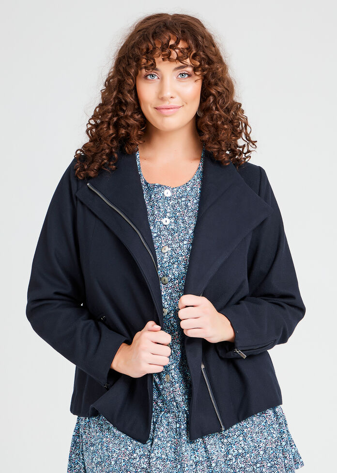 Shop Plus Size Wool Blend High Neck Jacket, Navy Taking Shape NZ