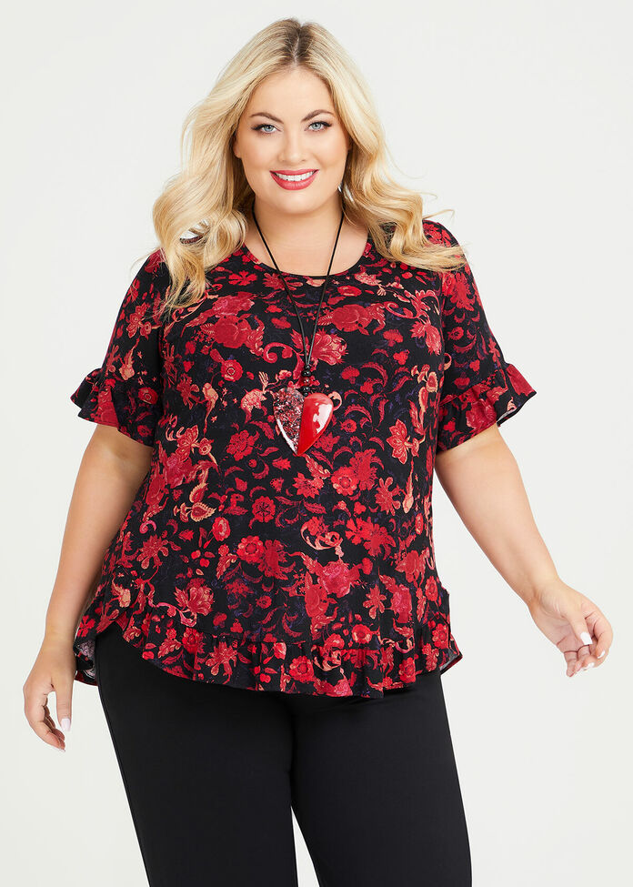 Natural Print Ruffle Top, , hi-res