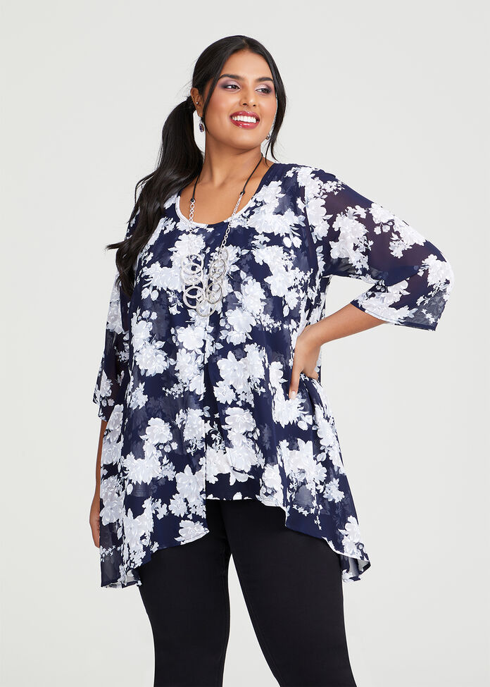 Shop Plus Size Chiffon Overlay Floral Tunic in Blue | Taking Shape AU