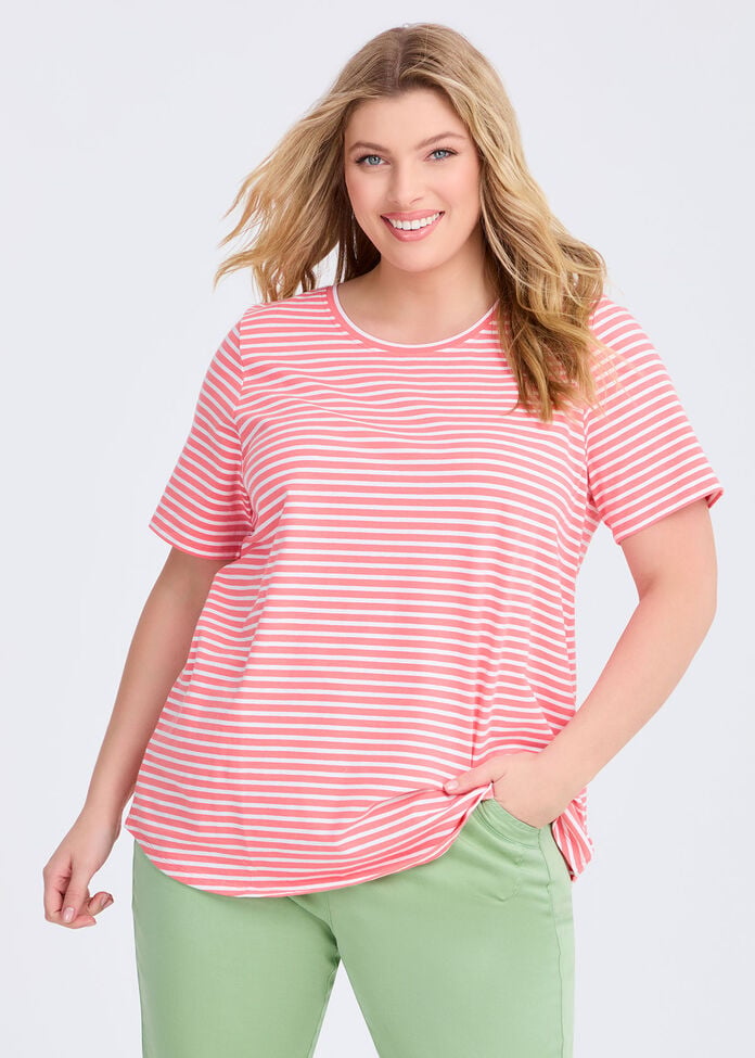 Australian Cotton Stripe T-shirt, CAMELLIA/WHITE, hi-res
