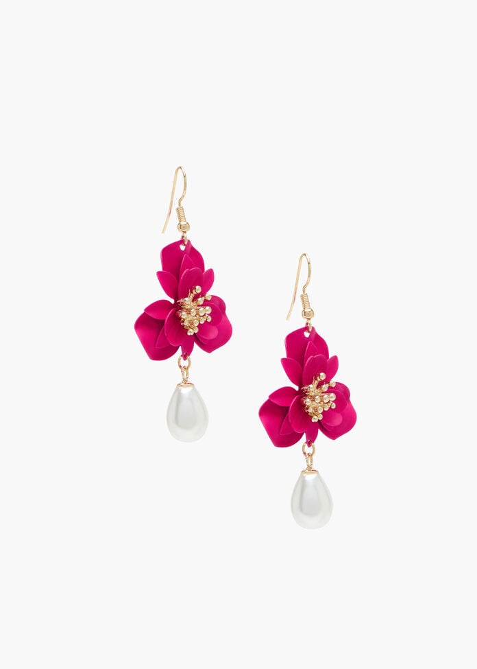 Pink Flower Pearl Earrings, , hi-res