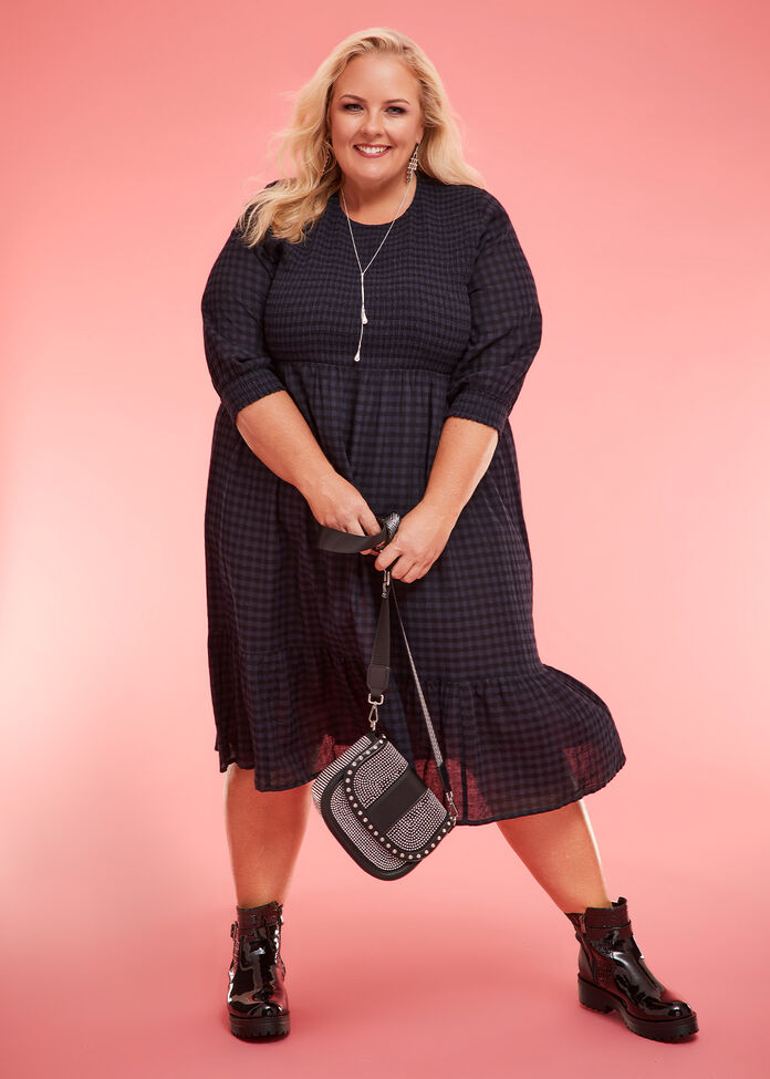 Cotton Gingham Shirred Dress, , hi-res