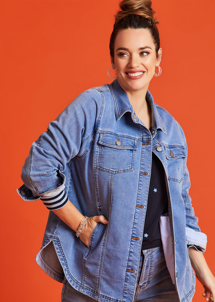 Cotton Curved Hem Denim Shacket, , hi-res