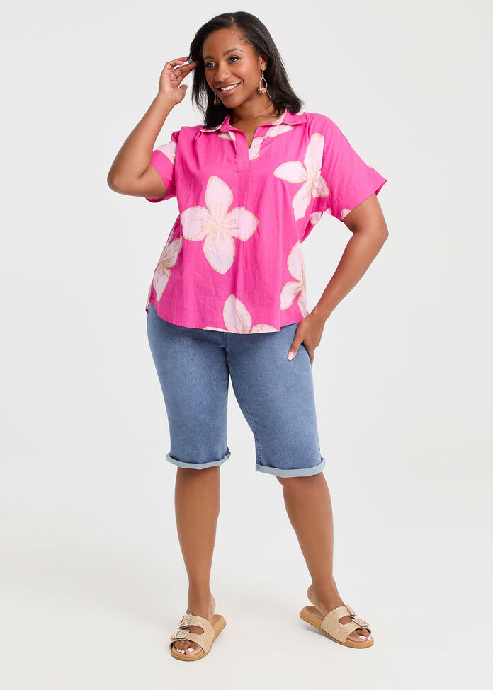 Cotton Collared Flower Top, , hi-res