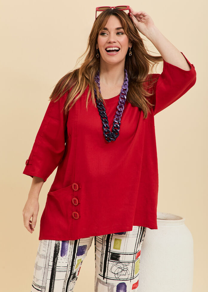 Stretch Linen Tab Button Tunic, , hi-res