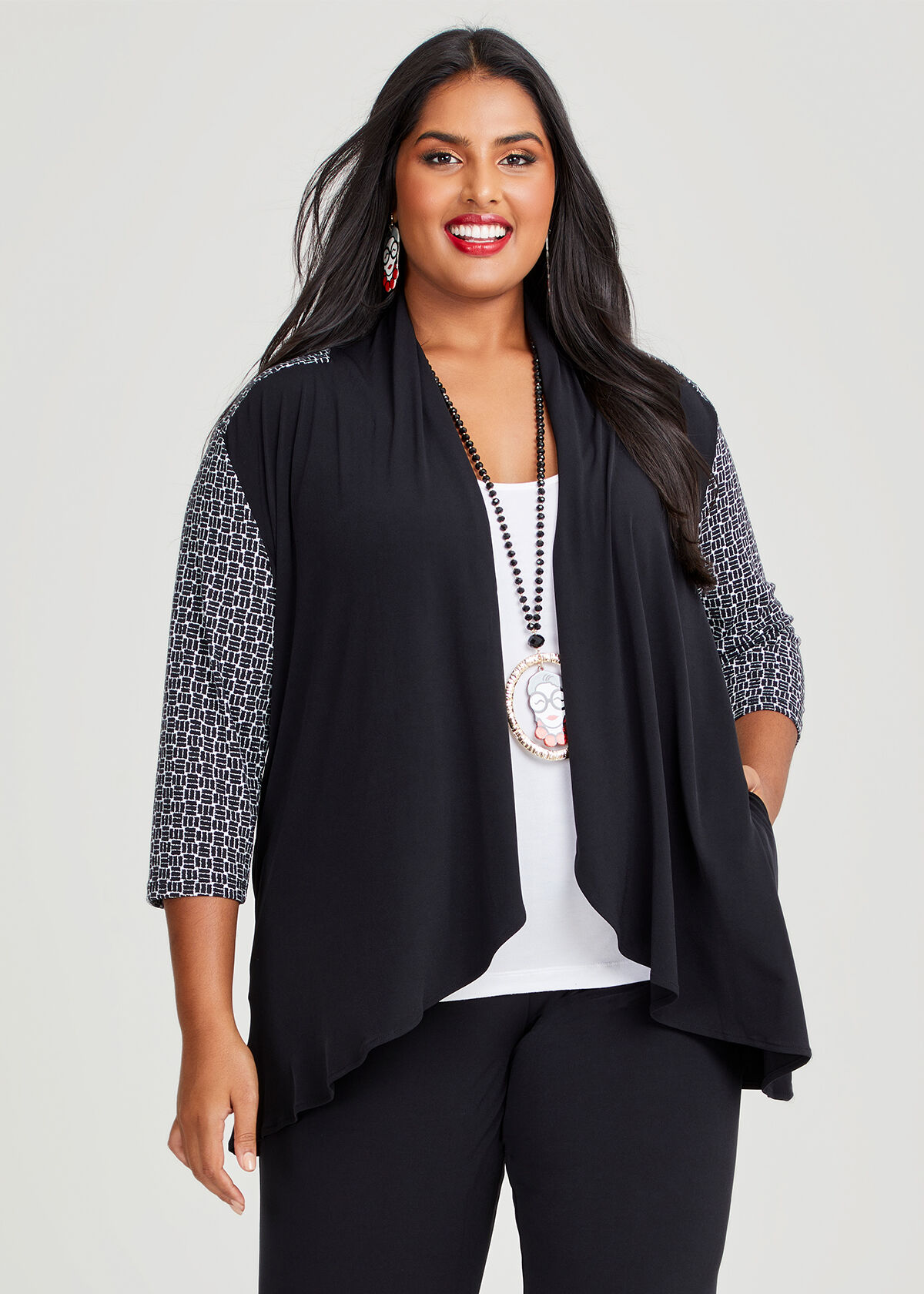 Shop Plus Size Geo Print Spliced Cardigan in Black Taking Shape AU
