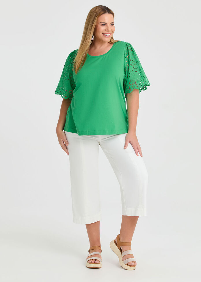 Cotton Broderie Sleeve T-shirt, , hi-res