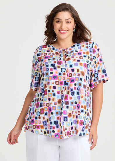 Plus Size Tie Neck Check Natural Top