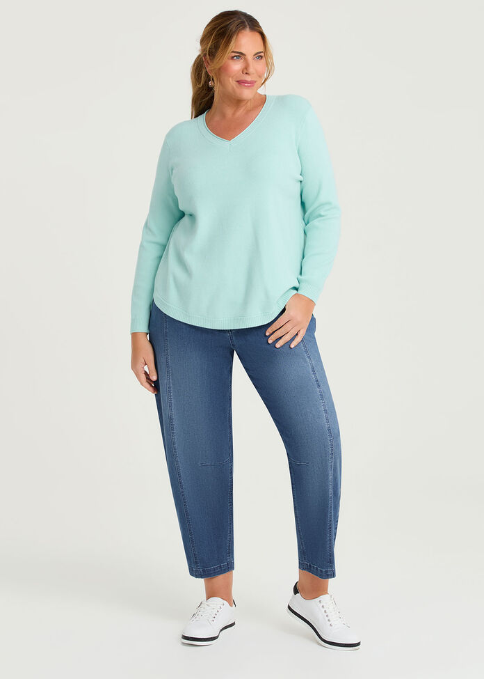 Curved Hem V-neck Jumper, , hi-res
