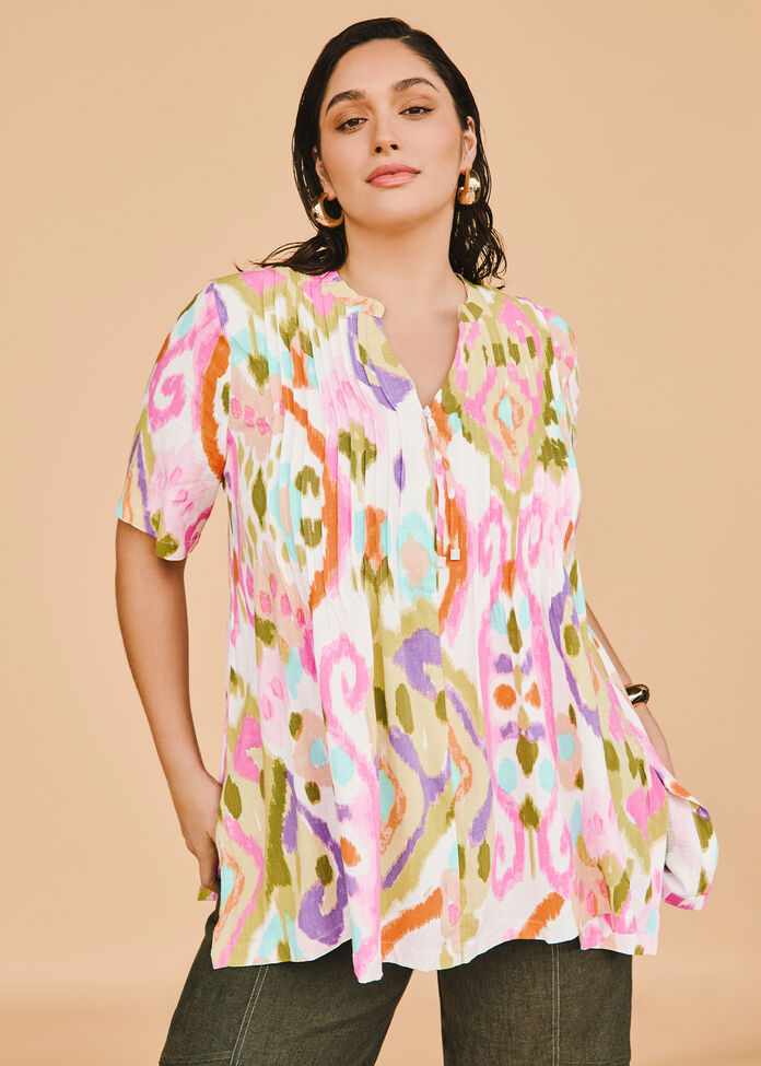 Zoe Zip Neck Ikat Natural Top, , hi-res